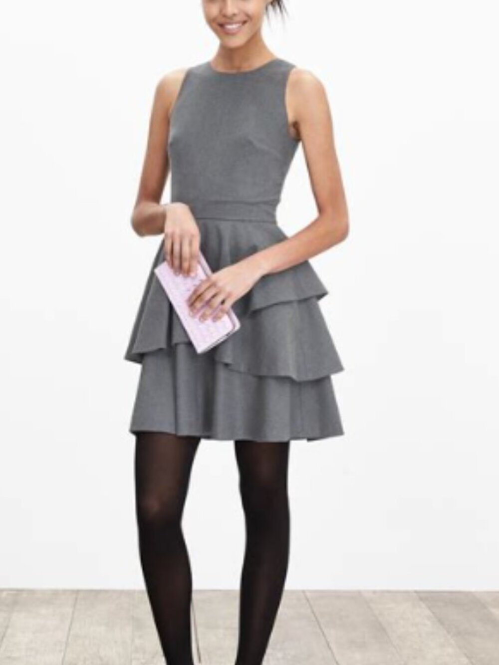 BANANA REPUBLIC Charcoal Gray Tiered Ruffle Sleeveless Dress Career Size 16 NWT